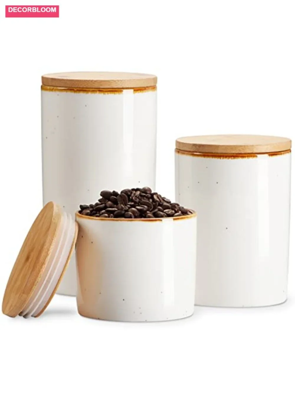 Ceramic Canister Set with Bamboo Lids - 3 Piece Kitchen Food Storage